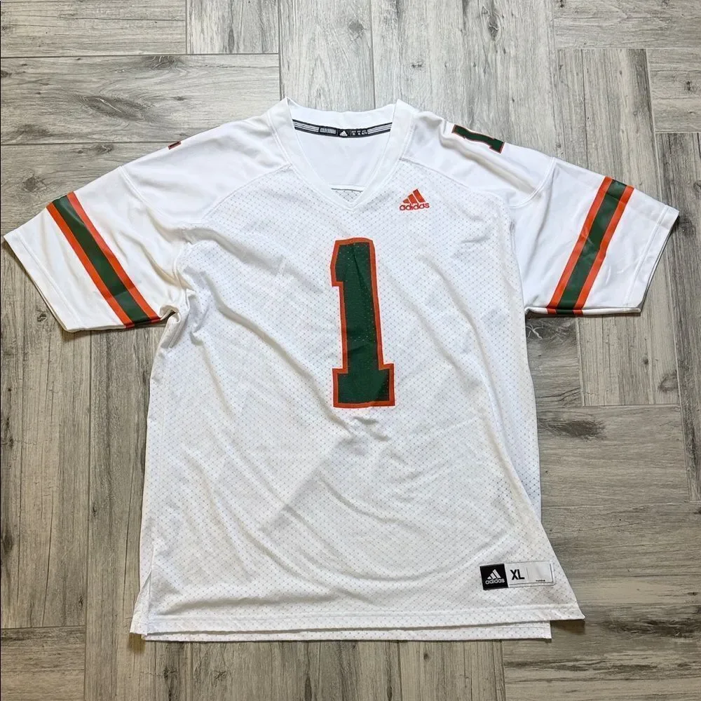 Miami Hurricanes adidas XL Men’s White Football Jersey Green/Orange Number ONE 1